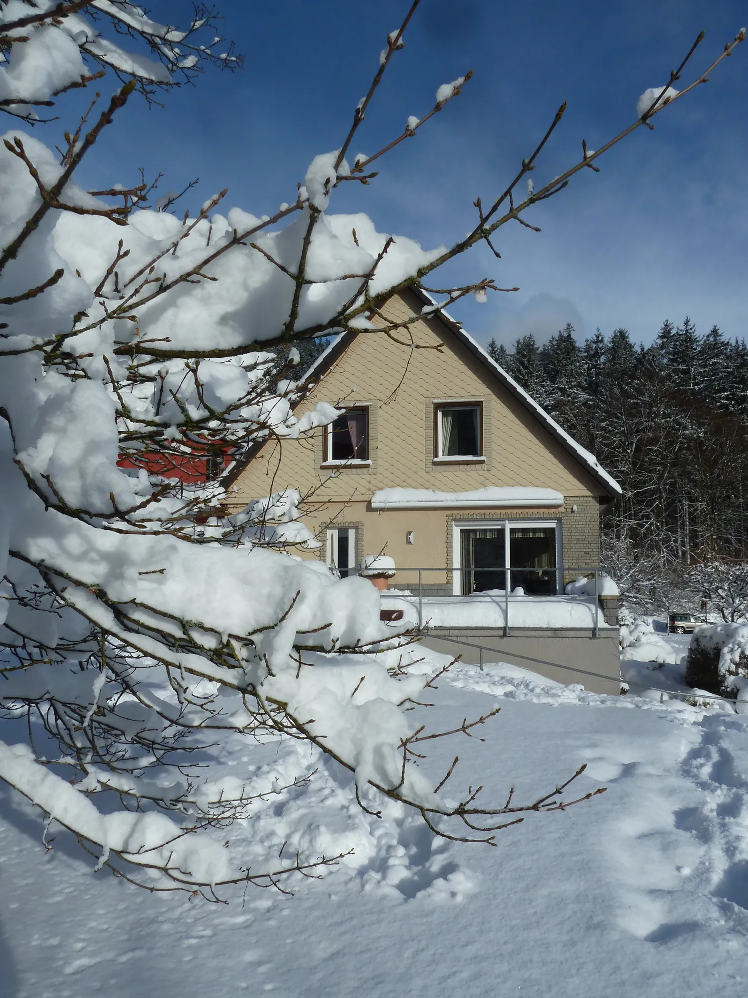 Das Haus mit Antoinettes Ferienwohnung in Manebach bei Schnee